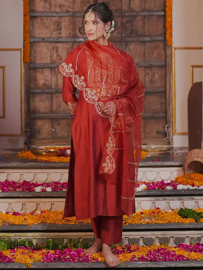 Indyancart IE Ethnic Motifs Embroidered Liva Straight Kurta With Trousers & Dupatta