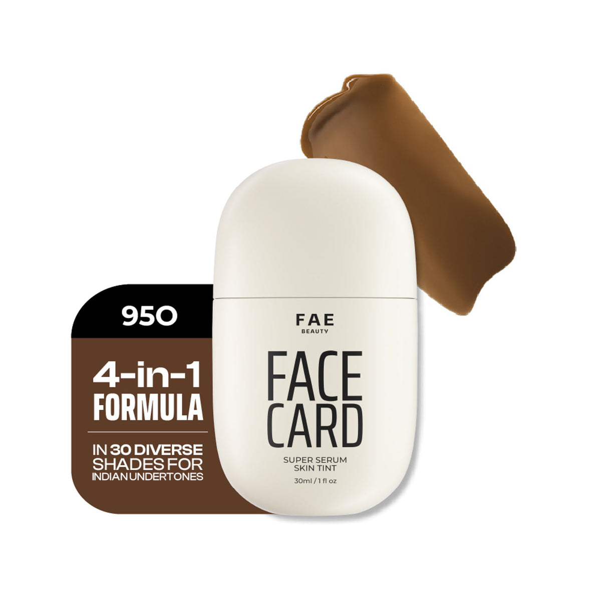 FAE Beauty Face Card 4-in-1 Super Serum Skin Tint in 95o Warm Olive, hydrating lightweight serum with dewy finish, natural coverage.