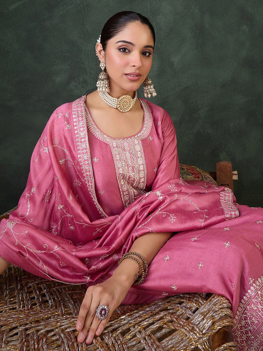 Women Ethnic Motifs Embroidered Regular Sequinned Kurta with Trousers & Dupatta