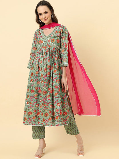 Indyancart VA Women'sFloral Printed A-Line Pleated Pure Cotton Kurta with Trousers & Dupatta