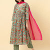 Indyancart VA Women'sFloral Printed A-Line Pleated Pure Cotton Kurta with Trousers & Dupatta