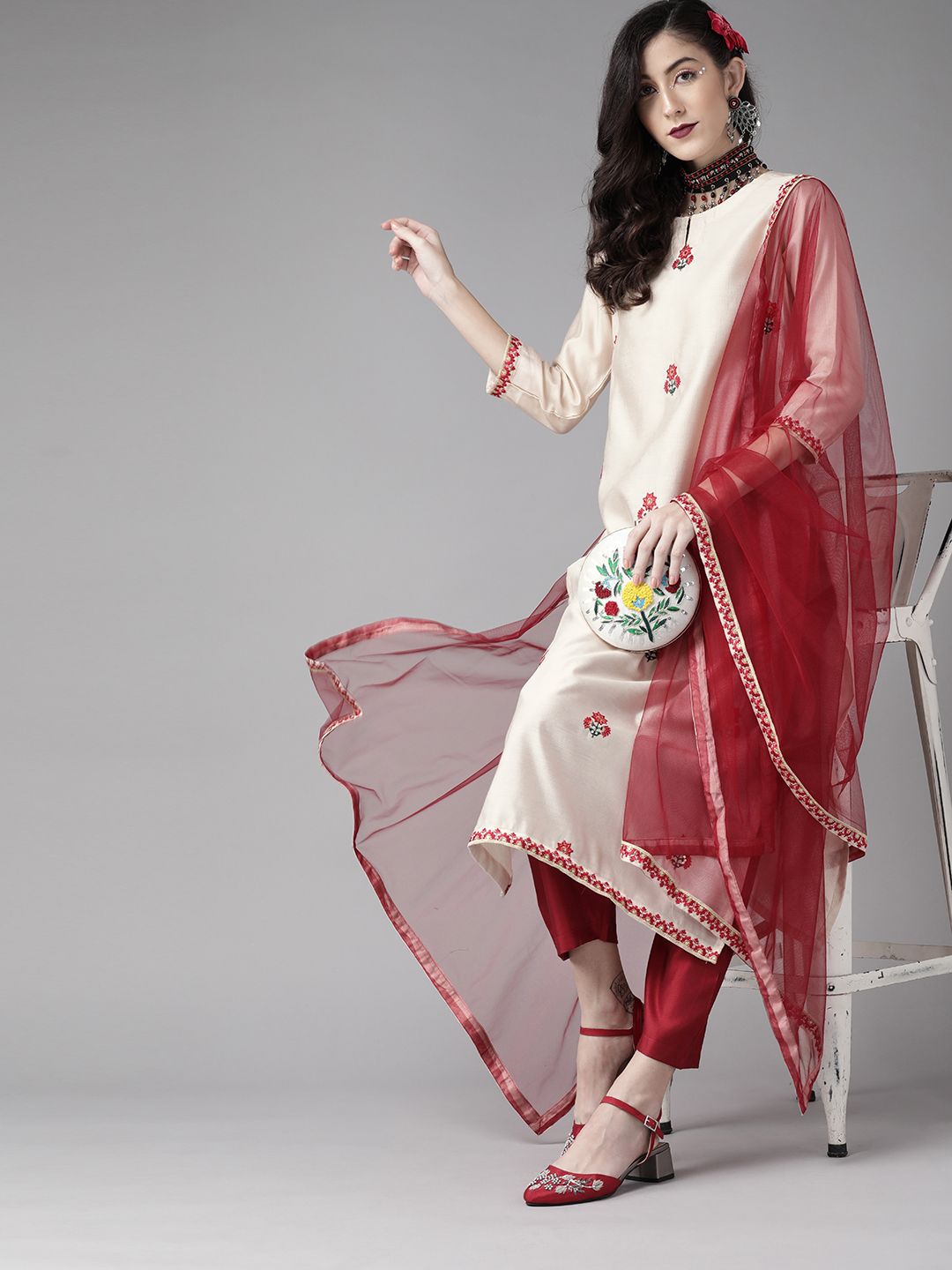 Indyancart IE Women Off White Ethnic Motifs Embroidered Liva Kurta with Palazzos & Dupatta