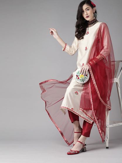 Indyancart IE Women Off White Ethnic Motifs Embroidered Liva Kurta with Palazzos & Dupatta