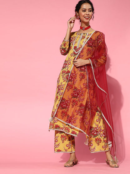 Dhiyona IE Yellow Cotton Blend Romantic Florals Kurta Set