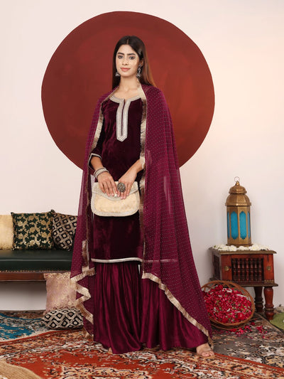 Indyancart VA Women's Zari & Sequin Embroidered Neck Velvet Winter Kurta with Sharara & Dupatta