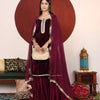 Dhiyona VA Women's Zari & Sequin Embroidered Neck Velvet Winter Kurta with Sharara & Dupatta