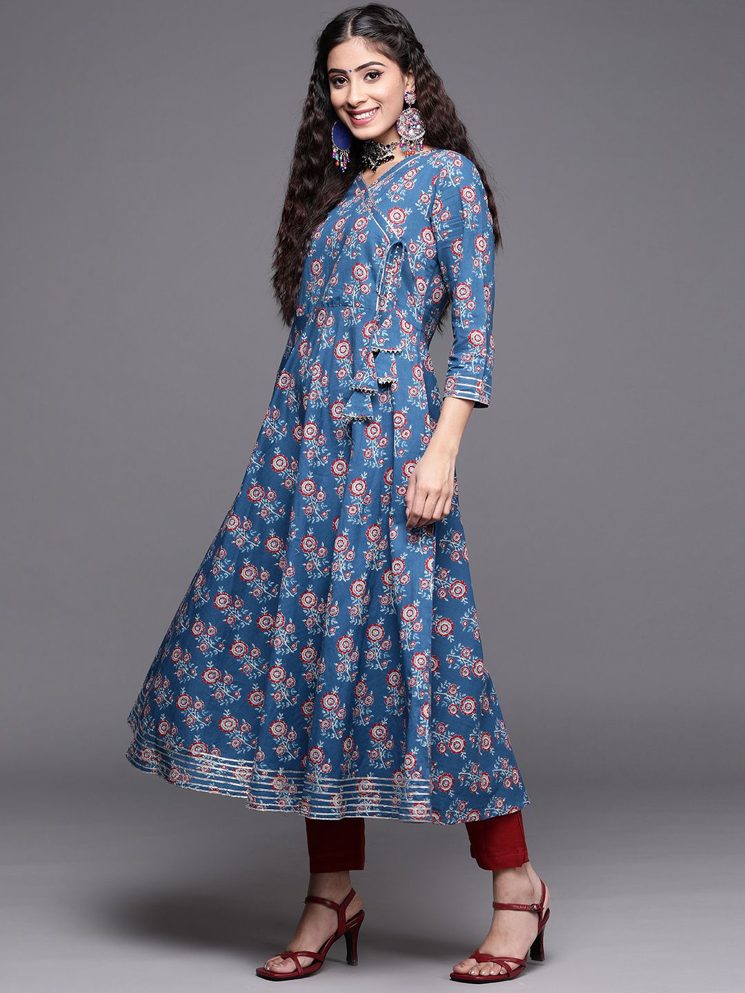 Indyancart VA Women's Blue Ethnic Motifs Printed Angrakha Gotta Patti Kurta with Trousers & With Dupatta