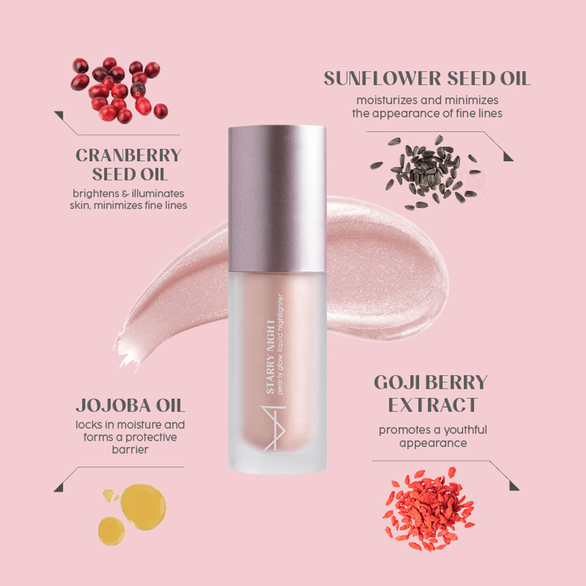 House of Makeup Starry Night Pearly Glow Liquid Highlighter in Meteorite, showcasing the shimmering pearly liquid highlighter in a sleek bottle.