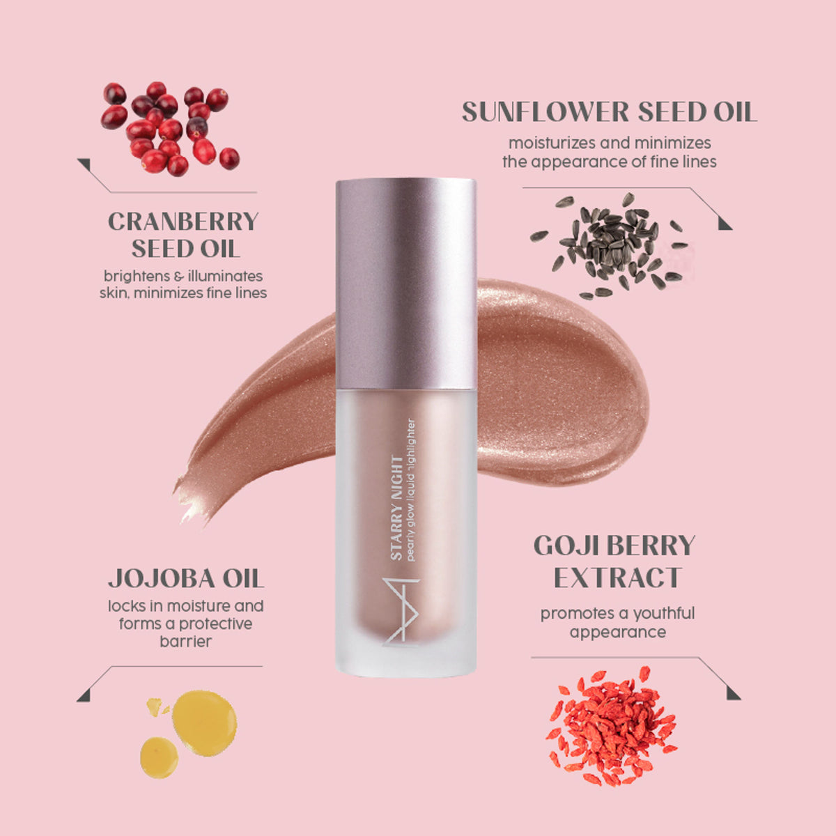 House of Makeup Starry Night Pearly Glow Liquid Highlighter in Starburst with a luminous, shimmering finish and starry packaging design.