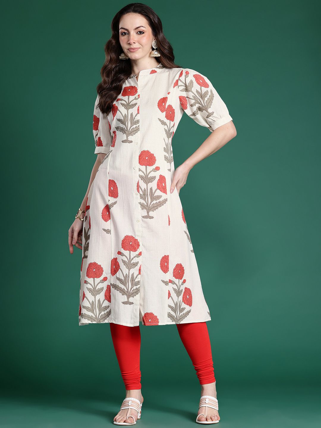 Indyancart IE Floral Printed Puff Sleeves Pure Cotton Kurta