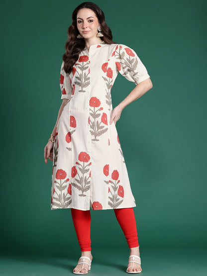 Indyancart IE Floral Printed Puff Sleeves Pure Cotton Kurta