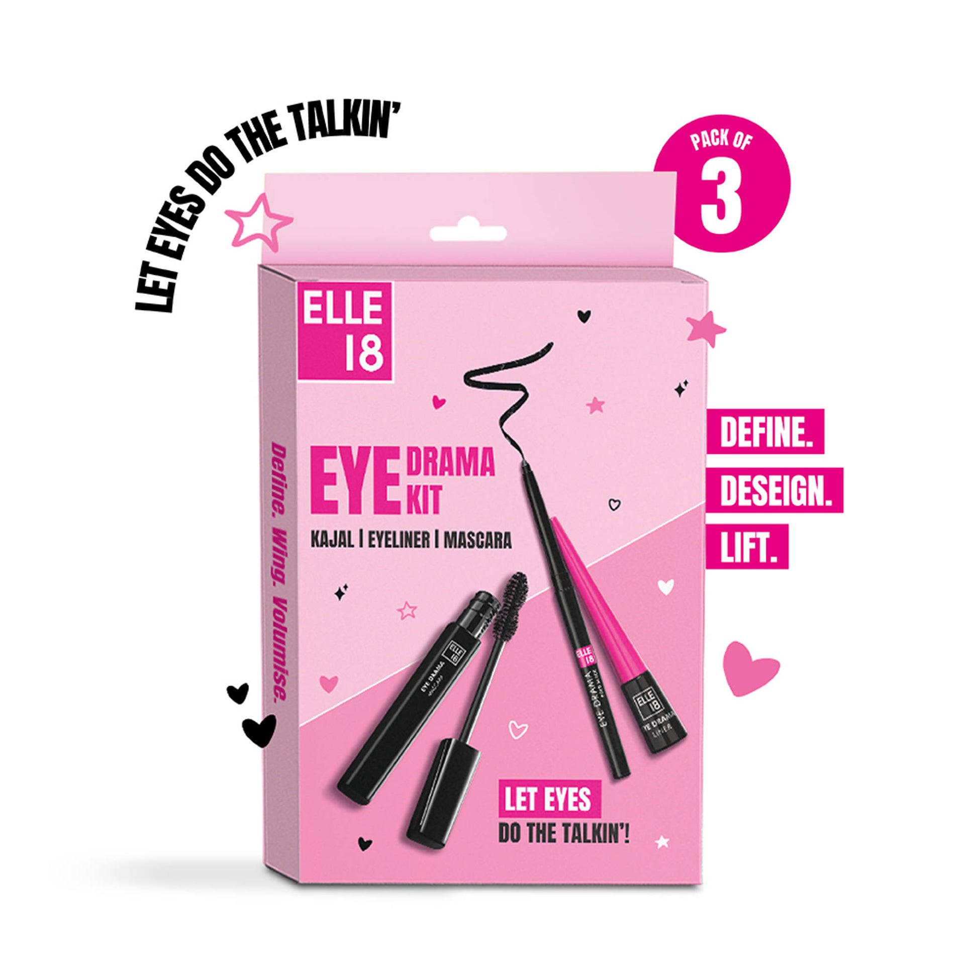 Elle 18 Blink & Slay, Eye Kit with Eye Drama Kajal, Eyeliner & Mascara, Black, Pack of 3