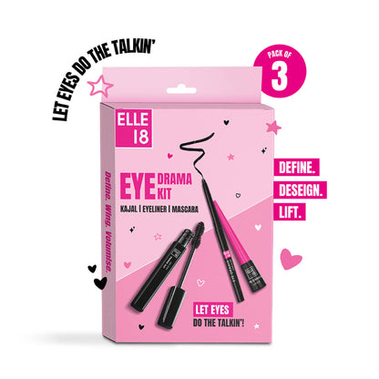 Elle 18 Blink & Slay, Eye Kit with Eye Drama Kajal, Eyeliner & Mascara, Black, Pack of 3
