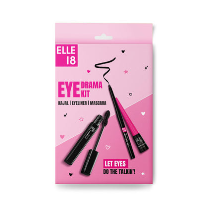 Elle 18 Blink & Slay, Eye Kit with Eye Drama Kajal, Eyeliner & Mascara, Black, Pack of 3