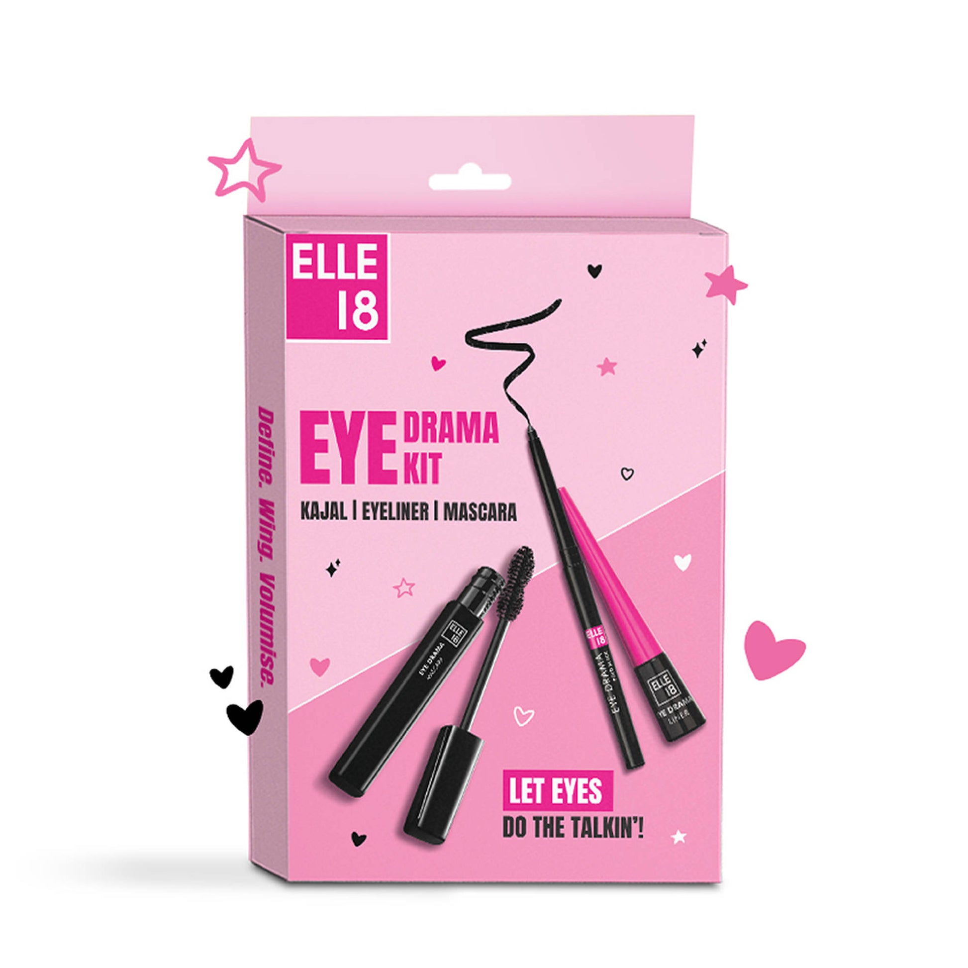 Elle 18 Blink & Slay, Eye Kit with Eye Drama Kajal, Eyeliner & Mascara, Black, Pack of 3