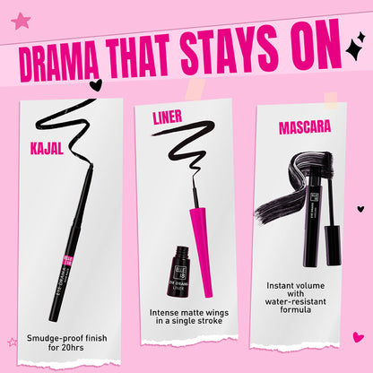 Elle 18 Blink & Slay, Eye Kit with Eye Drama Kajal, Eyeliner & Mascara, Black, Pack of 3