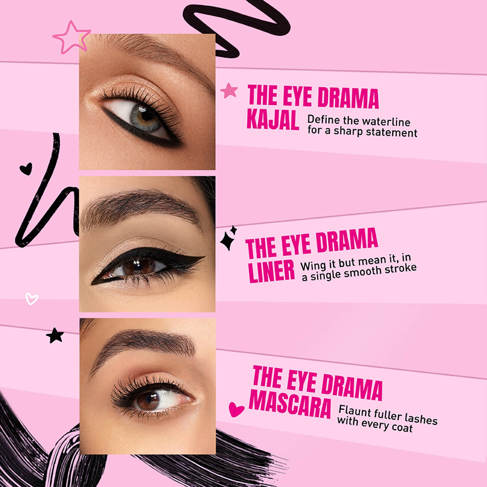 Elle 18 Blink & Slay, Eye Kit with Eye Drama Kajal, Eyeliner & Mascara, Black, Pack of 3