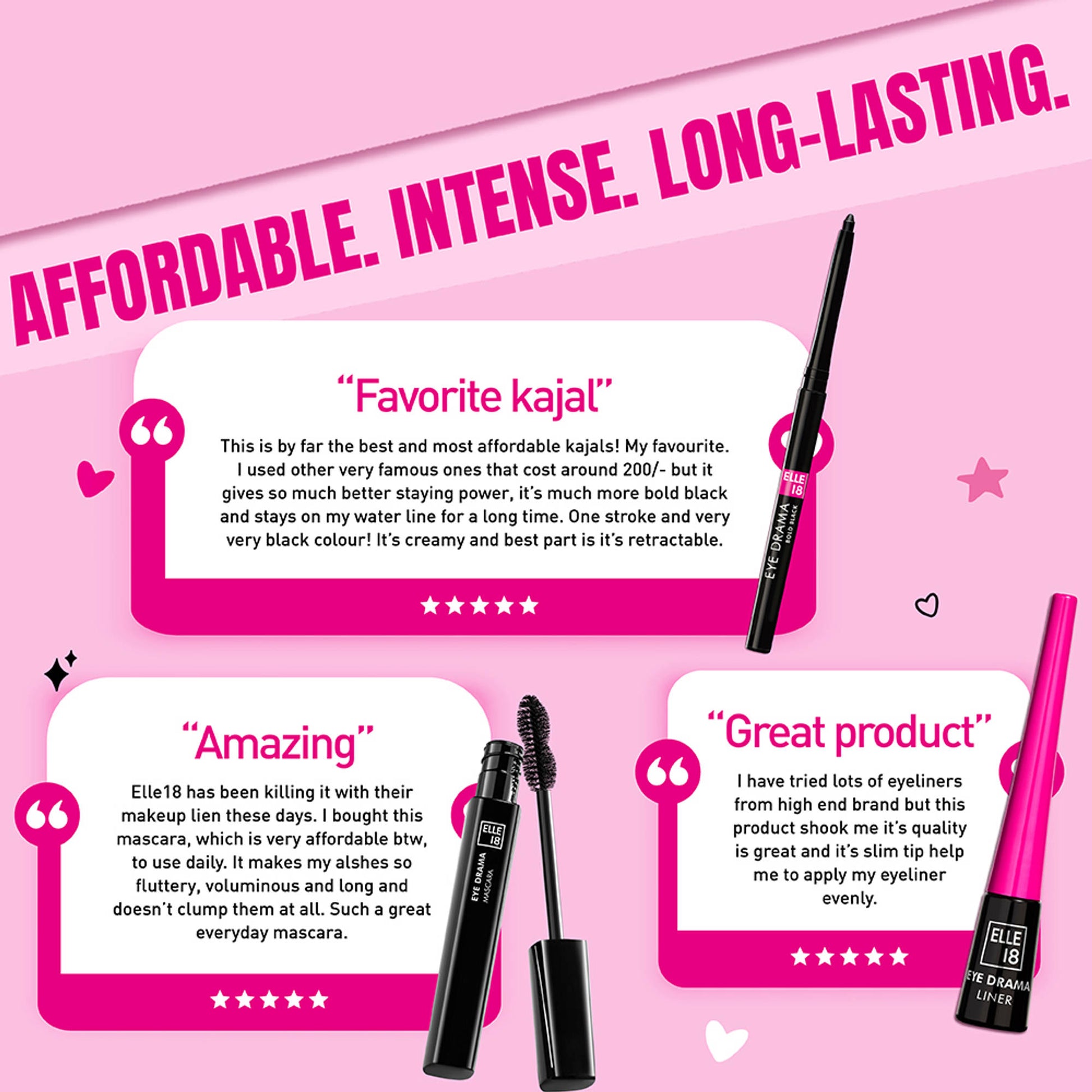 Elle 18 Blink & Slay, Eye Kit with Eye Drama Kajal, Eyeliner & Mascara, Black, Pack of 3