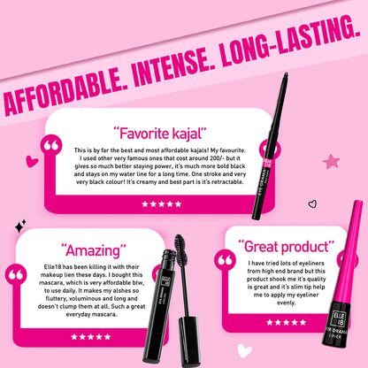 Elle 18 Blink & Slay, Eye Kit with Eye Drama Kajal, Eyeliner & Mascara, Black, Pack of 3