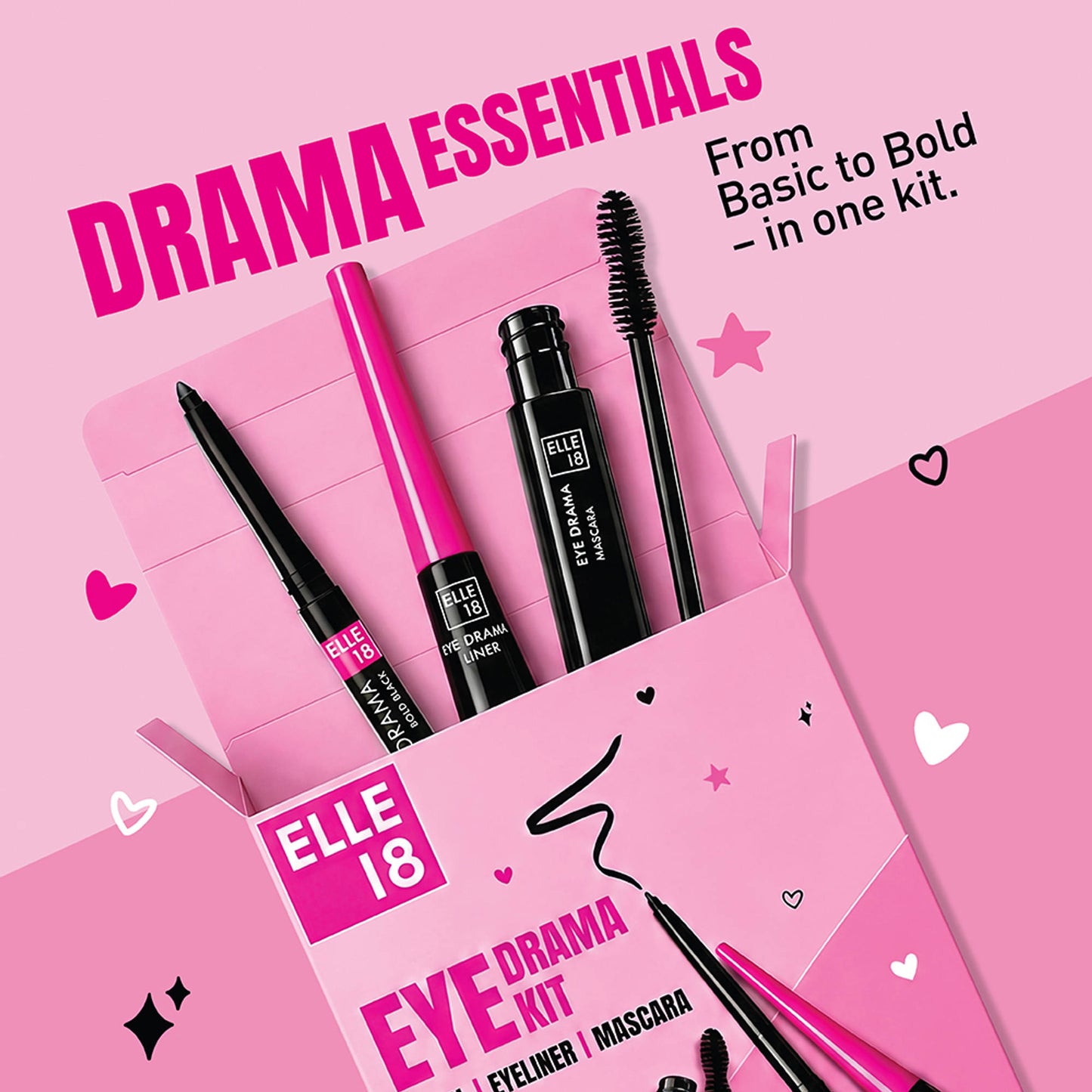 Elle 18 Blink & Slay, Eye Kit with Eye Drama Kajal, Eyeliner & Mascara, Black, Pack of 3