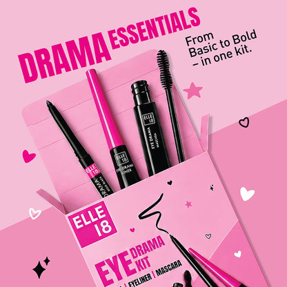 Elle 18 Blink & Slay, Eye Kit with Eye Drama Kajal, Eyeliner & Mascara, Black, Pack of 3
