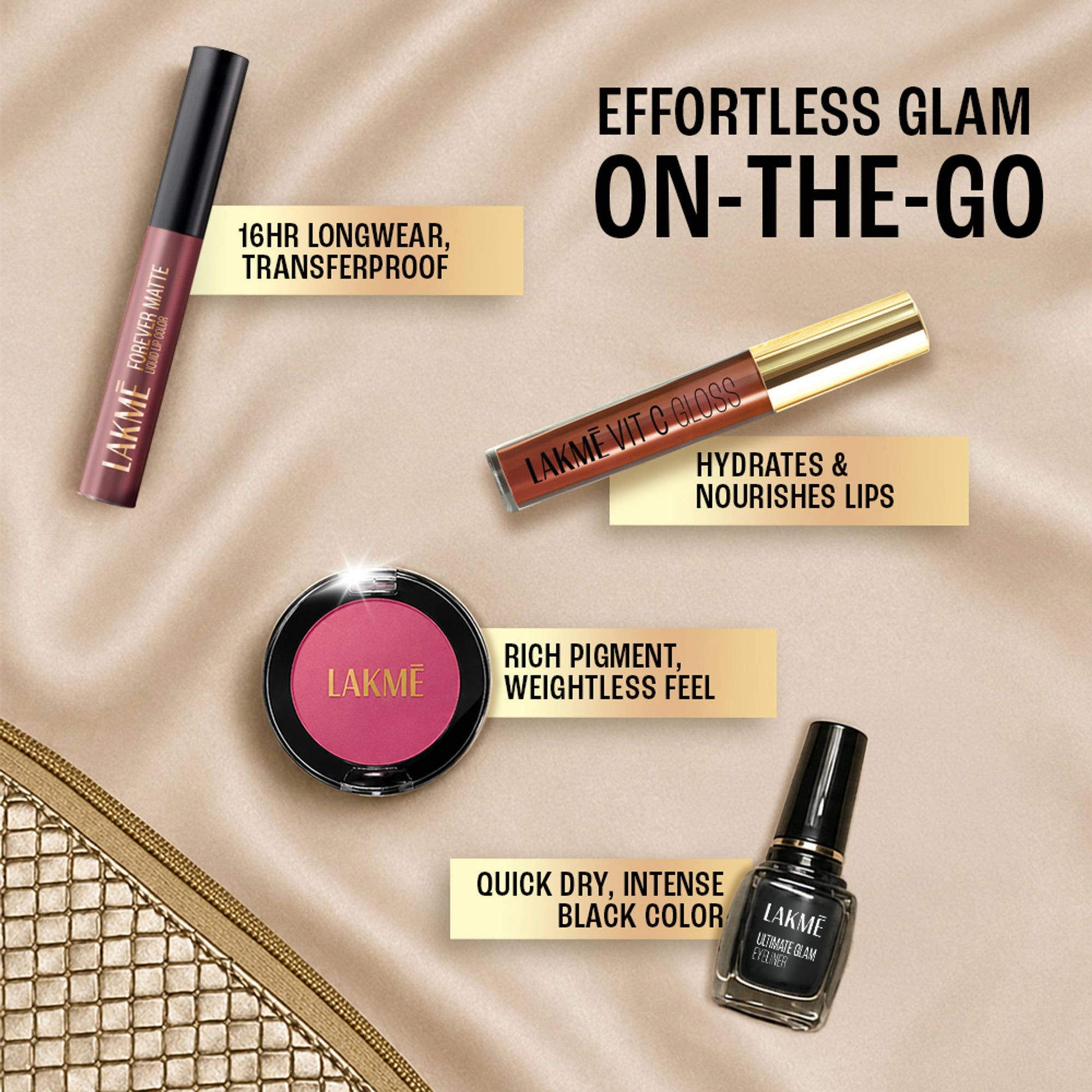 Lakme Work To Play Glam Makep Kit, Pack of 4 with complementary Pouch |Makeup Gift Set