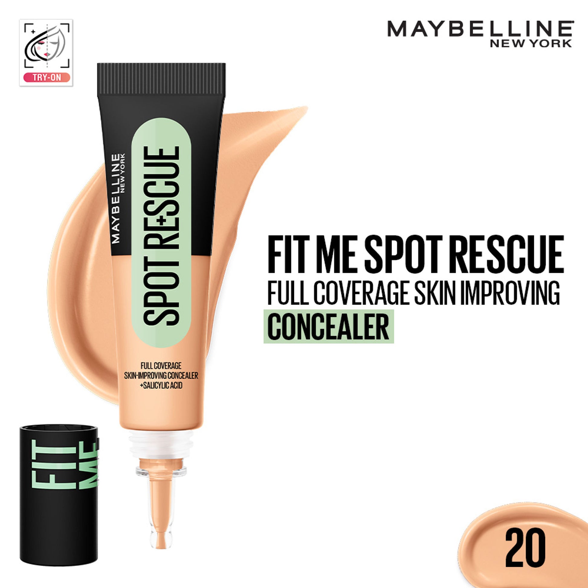 Maybelline New York Fit Me Spot Rescue Full Coverage Concealer, Fades Spots, Minimizes Pimples - 20