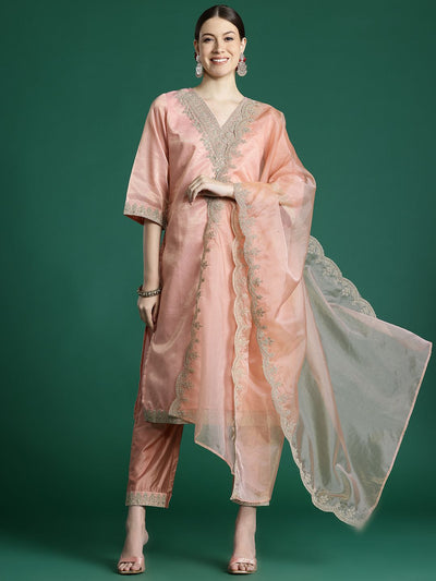Indyancart IE Women Ethnic Motifs Embroidered Regular Sequinned Kurta with Trousers & With Dupatta