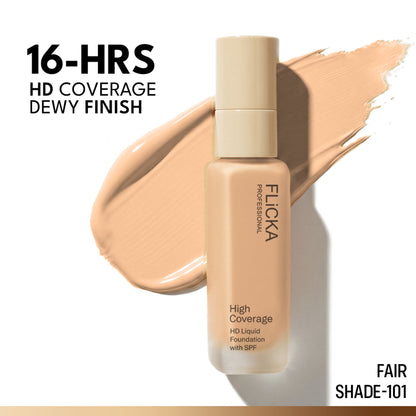 FLiCKA Pro HD Liquid Foundation High Coverage Dewy Finish SPF 16Hr Long Wear - 101 Fair
