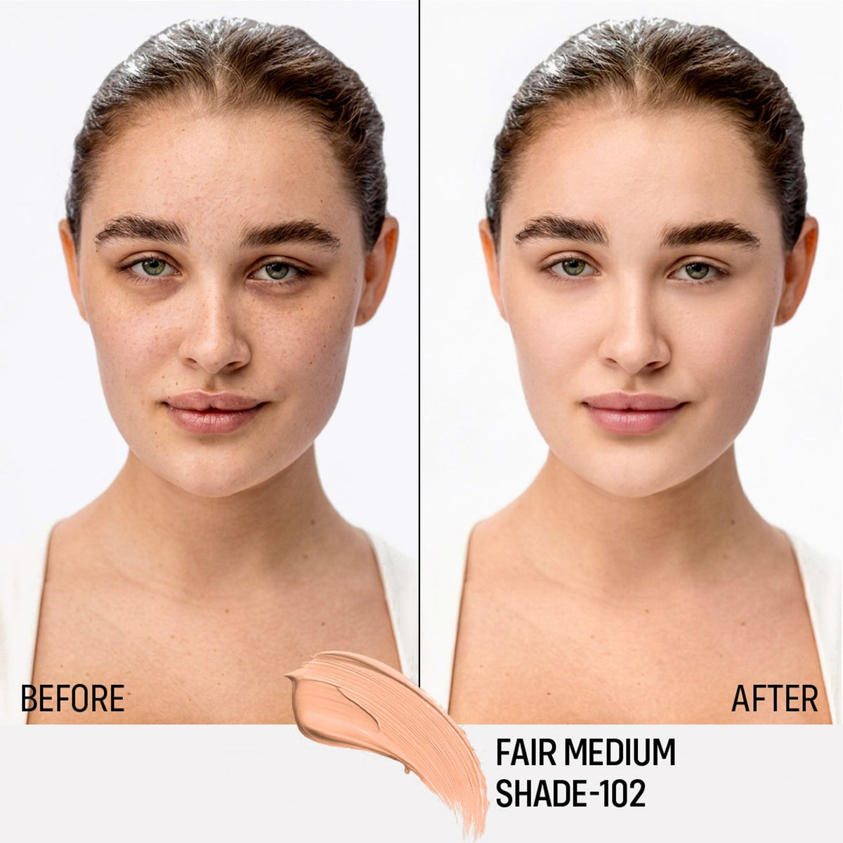 FLiCKA Pro HD Liquid Foundation in shade 102 Fair Medium with high coverage, dewy finish, SPF 16, long wear, visible bottle and applicator.
