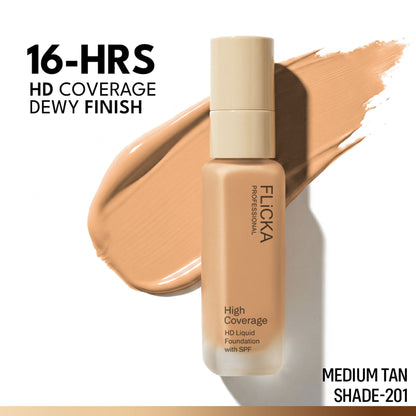 FLiCKA Pro HD Liquid Foundation High Coverage Dewy Finish SPF 16Hr Long Wear - 201 Medium Tan