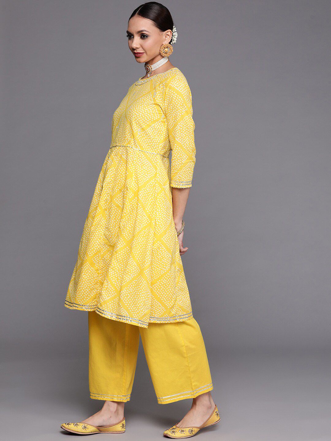 Indyancart IE Bandhani Printed Gotta Patti A-line Kurta with Palazzo Set
