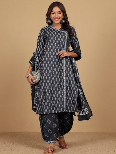 Indyancart VA Women'sFloral Printed V-Neck Angrakha Straight Kurta With Salwar And Dupatta