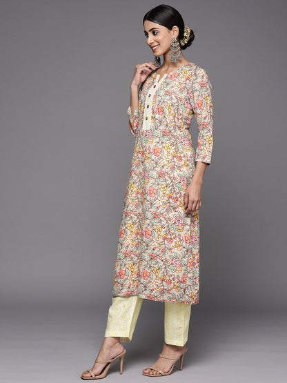 Indyancart VA Women's Beige Floral Printed Beads and Stones Pure Cotton Kurta with Trousers