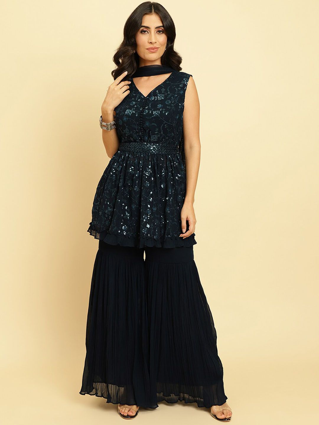 Indyancart VA Floral Embroidered Empire Sequinned Silk Georgette Kurta With Sharara & Dupatta