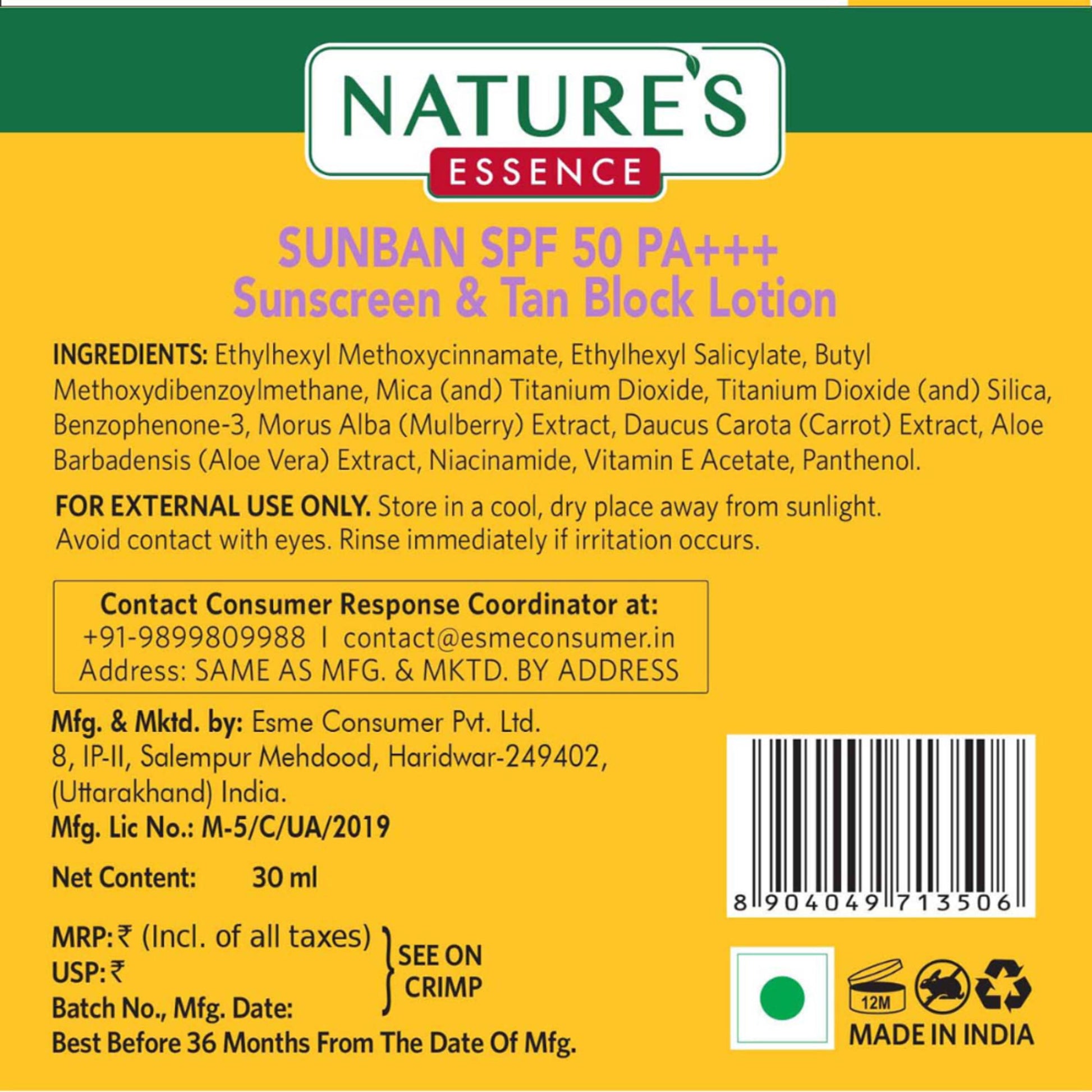 Nature's Essence Sunban Spf 50 Pa+++ Sunscreen & Tan Block Lotion