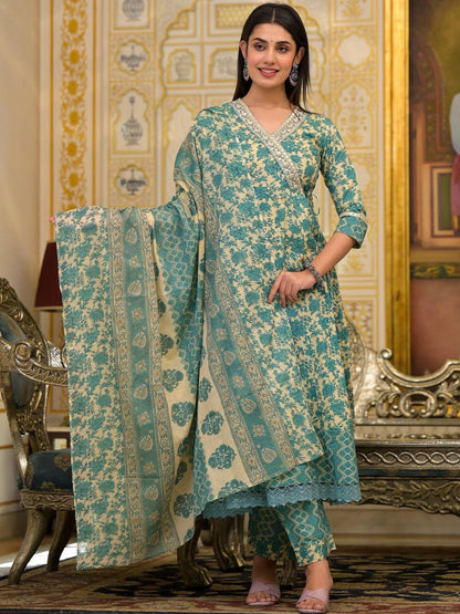 Indyancart VA Women'sEthnic Motifs Printed Mirror Work Pure Cotton Kurta with Trousers & Dupatta