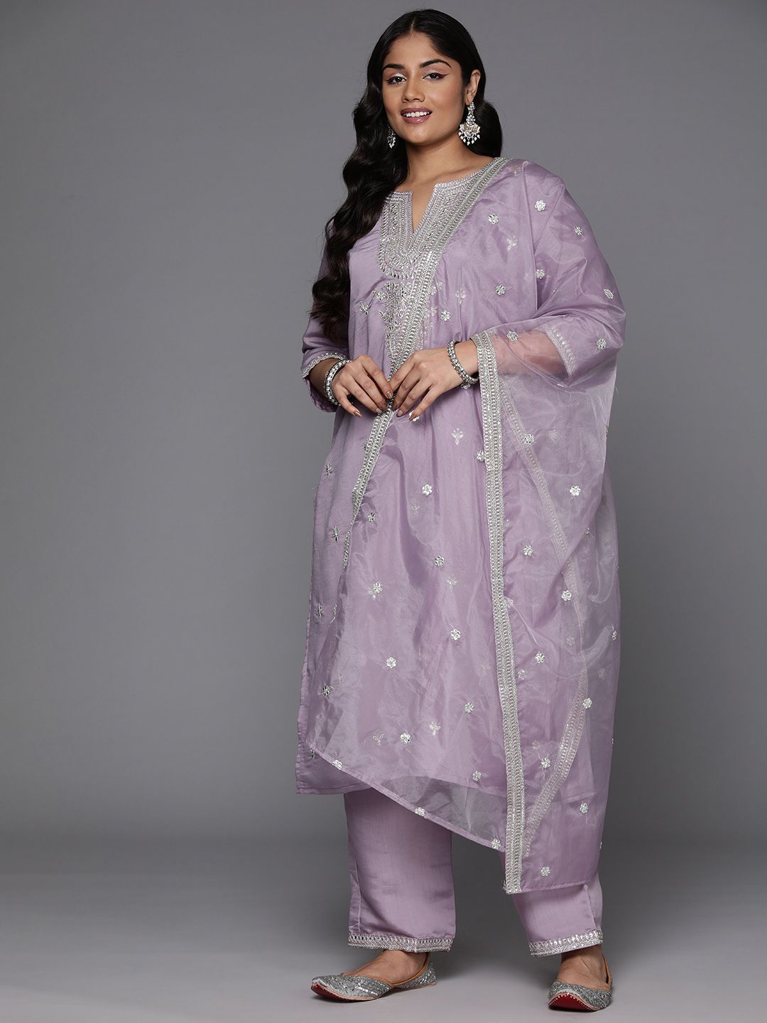 Indyancart IE Plus Size Embroidered Regular Sequinned Kurta with Trousers & With Dupatta