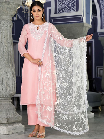 Indyancart VA Women'sEthnic Motifs Embroidered Regular Thread Work Kurta with Trousers & Dupatta