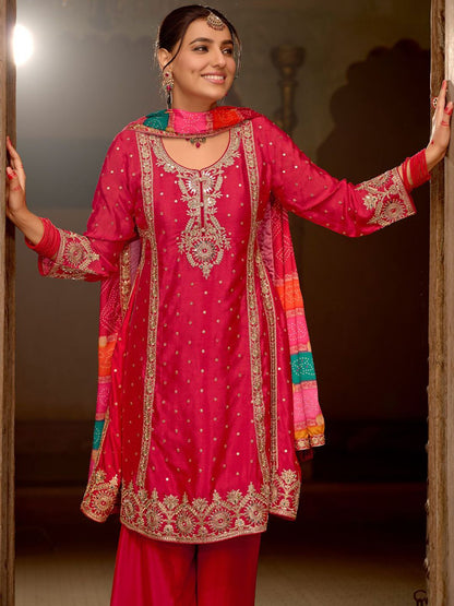 Indyancart IE Floral Embroidered Panelled Mirror Work A-Line Kurta With Palazzos & Dupatta