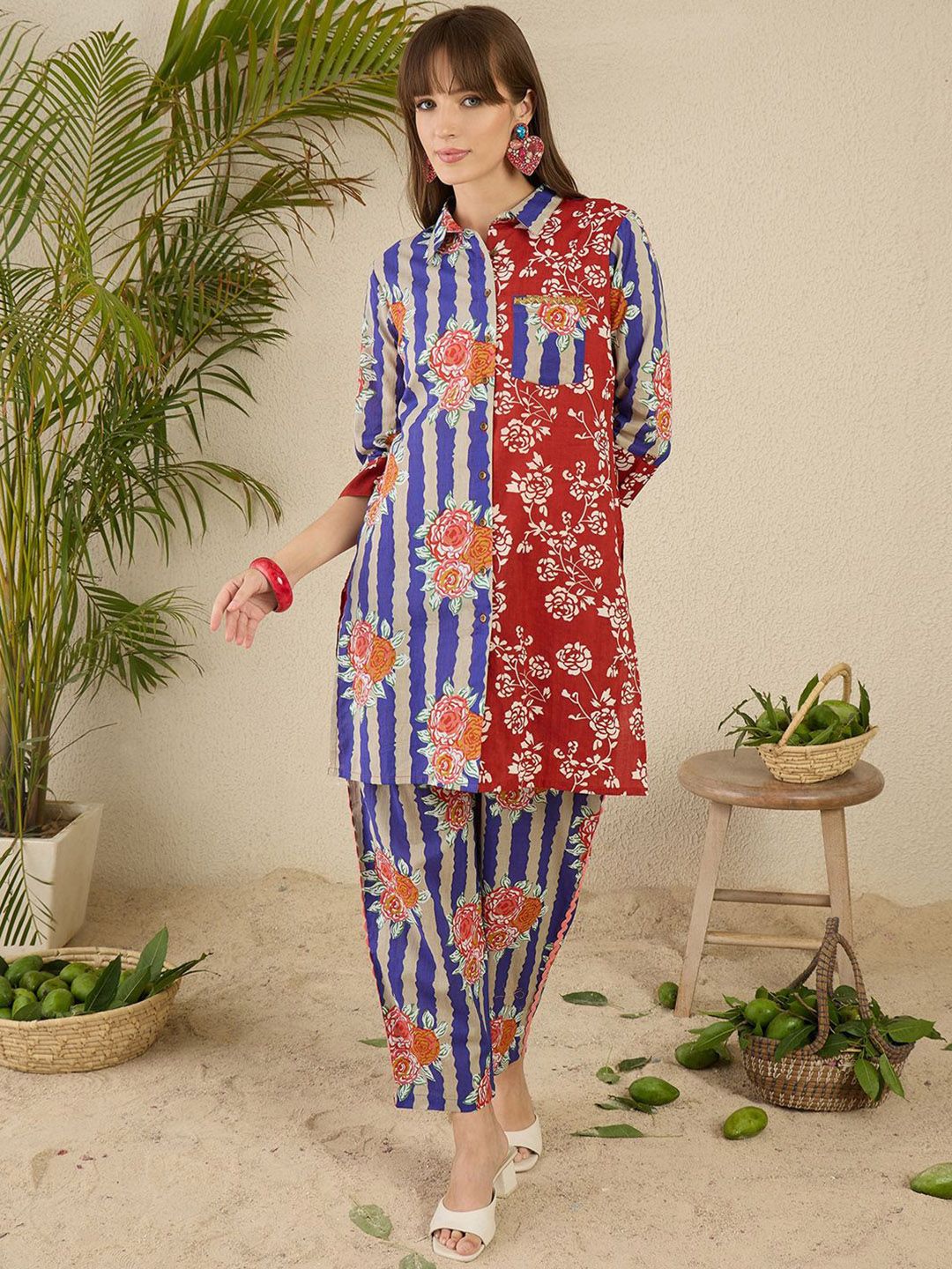 Indyancart IE Printed Pure Cotton Straight Tunic & Trousers Co-Ord Set