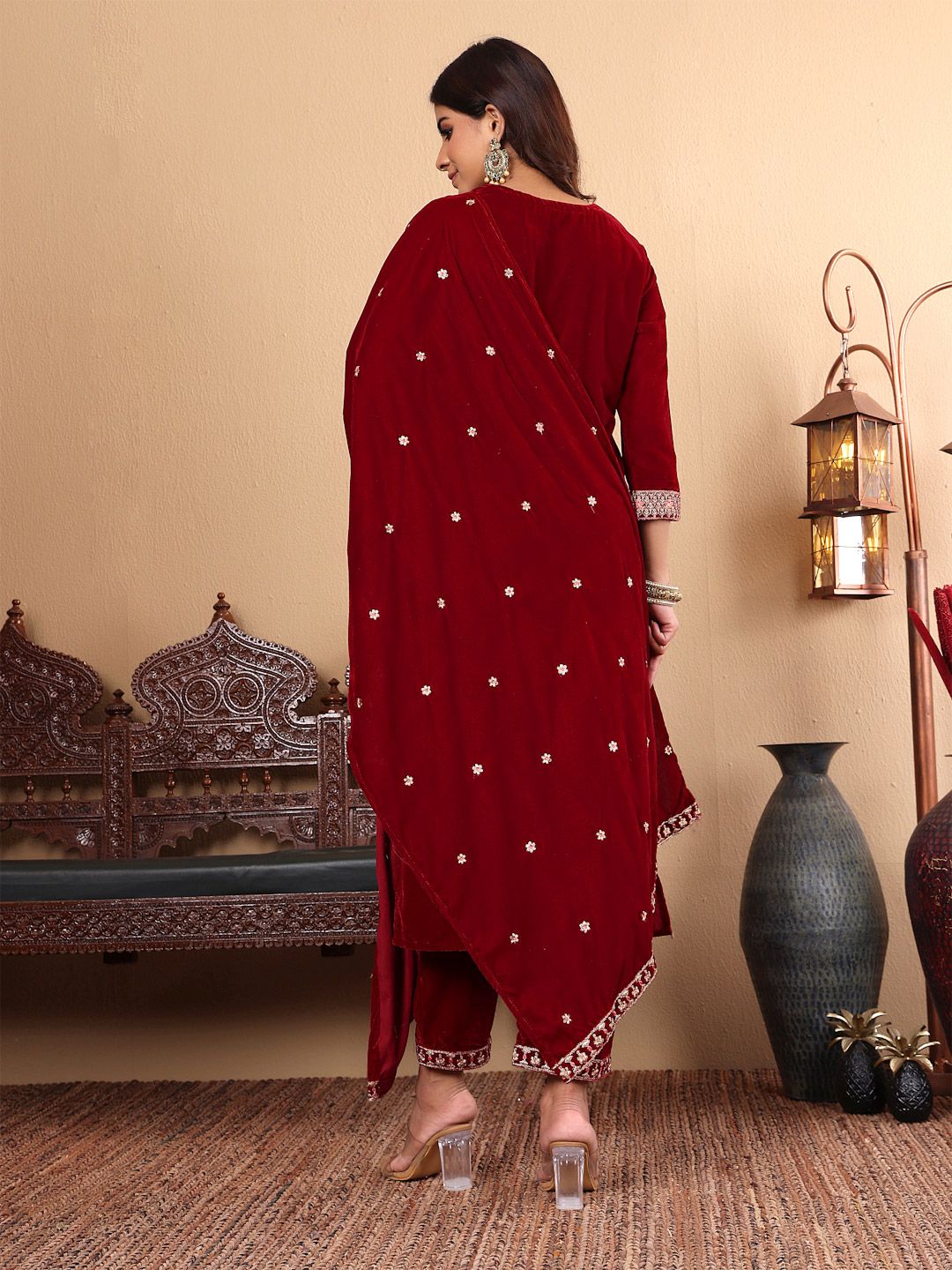 Indyancart VA Women'sMaroon Floral Yoke Design Sequinned Velvet Straight Kurta with Trousers & Dupatta