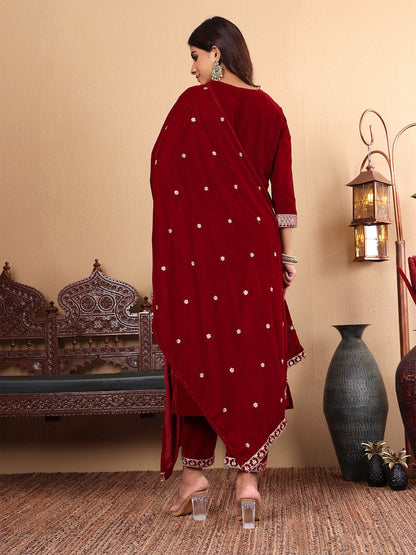 Indyancart VA Women'sMaroon Floral Yoke Design Sequinned Velvet Straight Kurta with Trousers & Dupatta