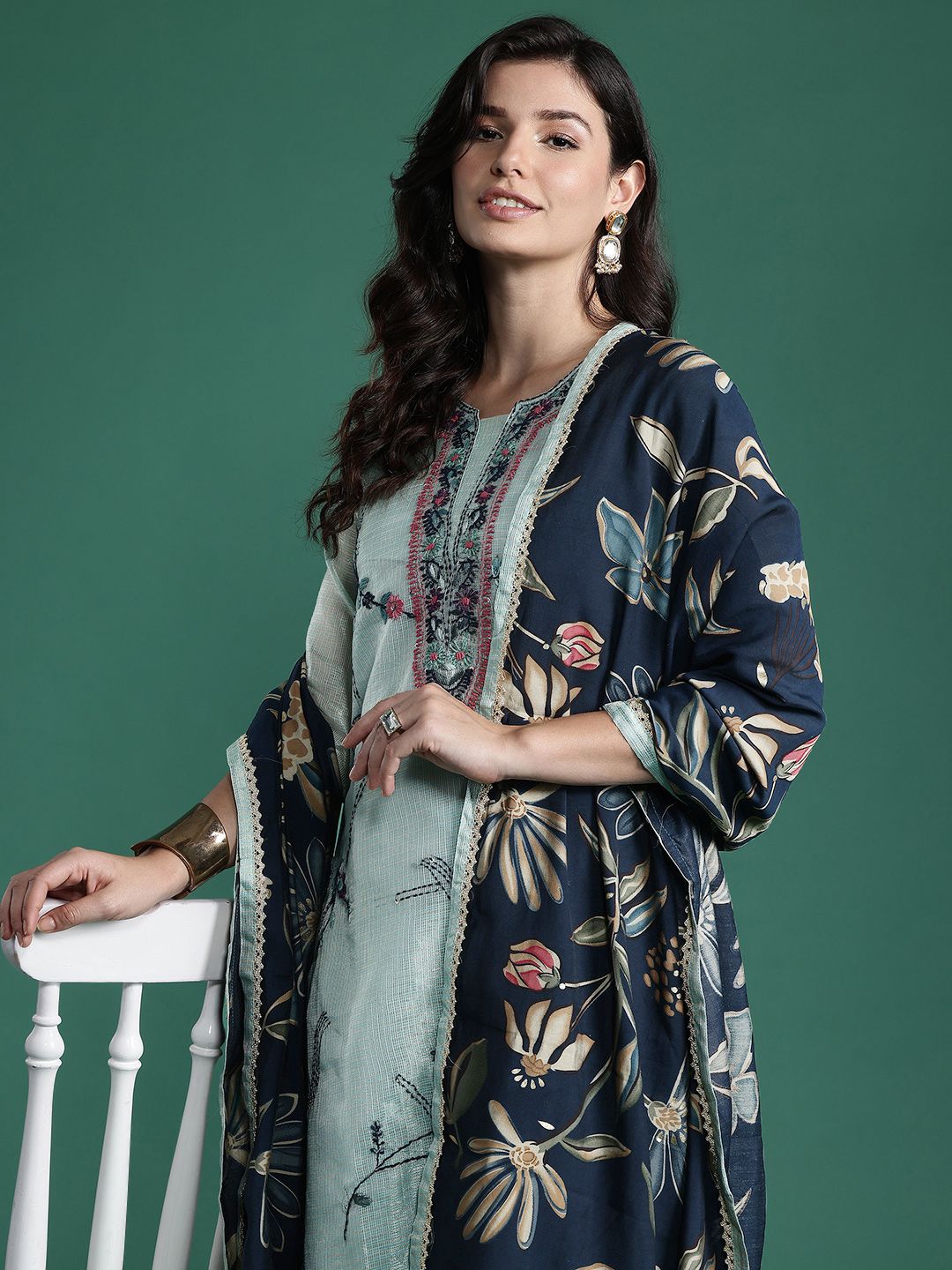 Indyancart IE Floral Embroidered Thread Work Pure Cotton Kurta with Trousers & With Dupatta