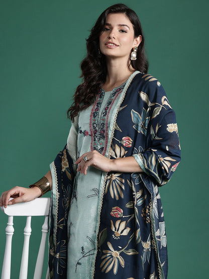 Indyancart IE Floral Embroidered Thread Work Pure Cotton Kurta with Trousers & With Dupatta