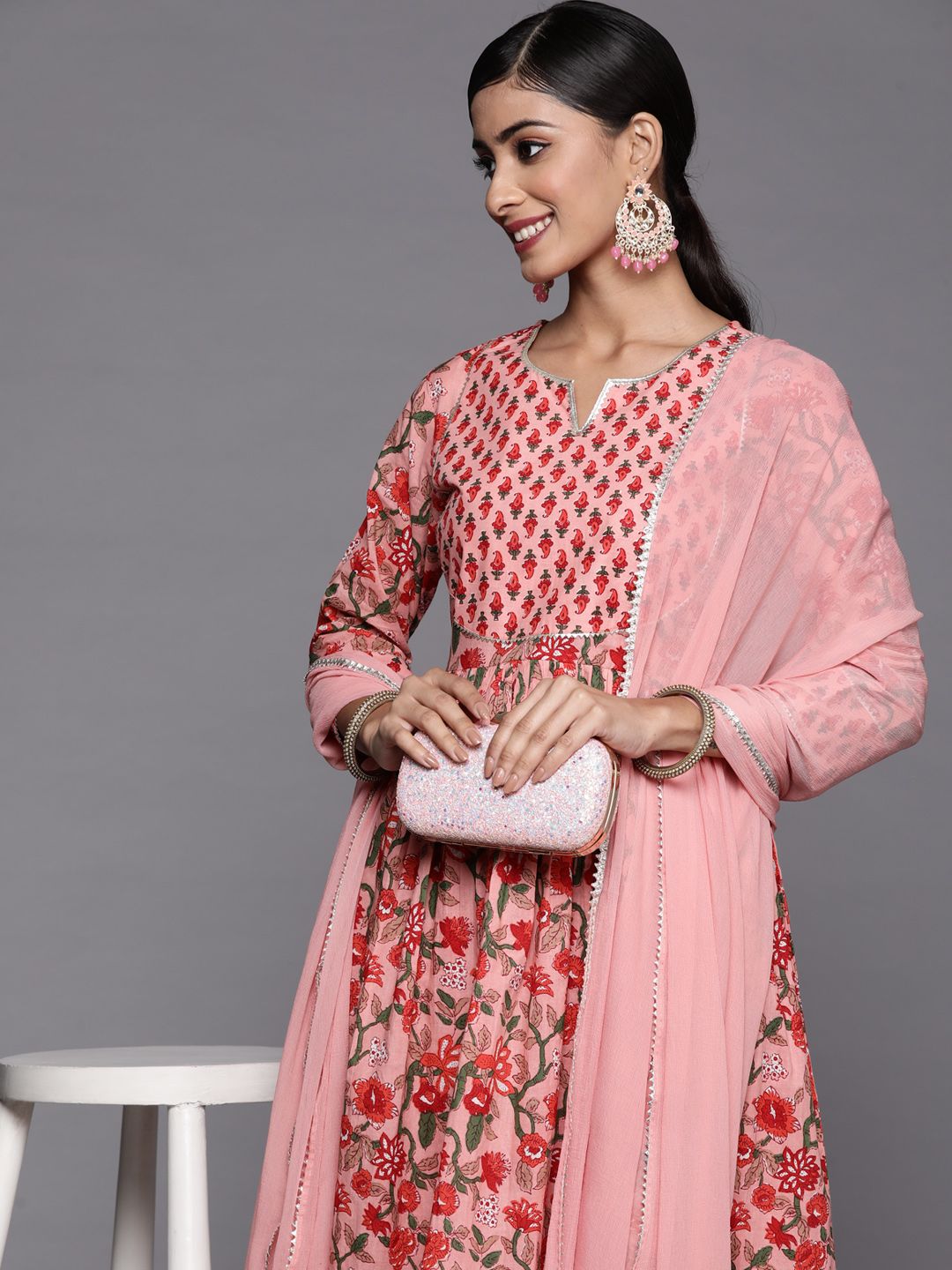 Indyancart VA Women's Peach-Coloured Floral Printed Empire Gotta Patti Pure Cotton Kurta with Trousers & With