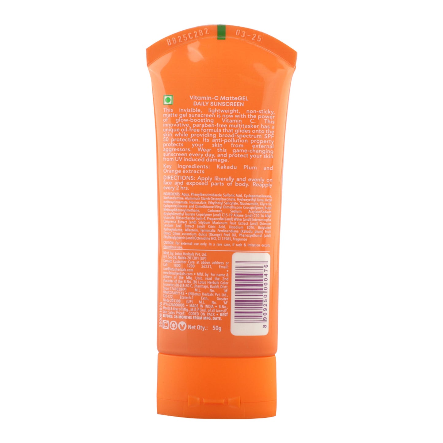 Lotus Herbals SafeSun Vitamin C Matte Gel Daily Sunscreen SPF 50 PA+++ | For All Skin Types