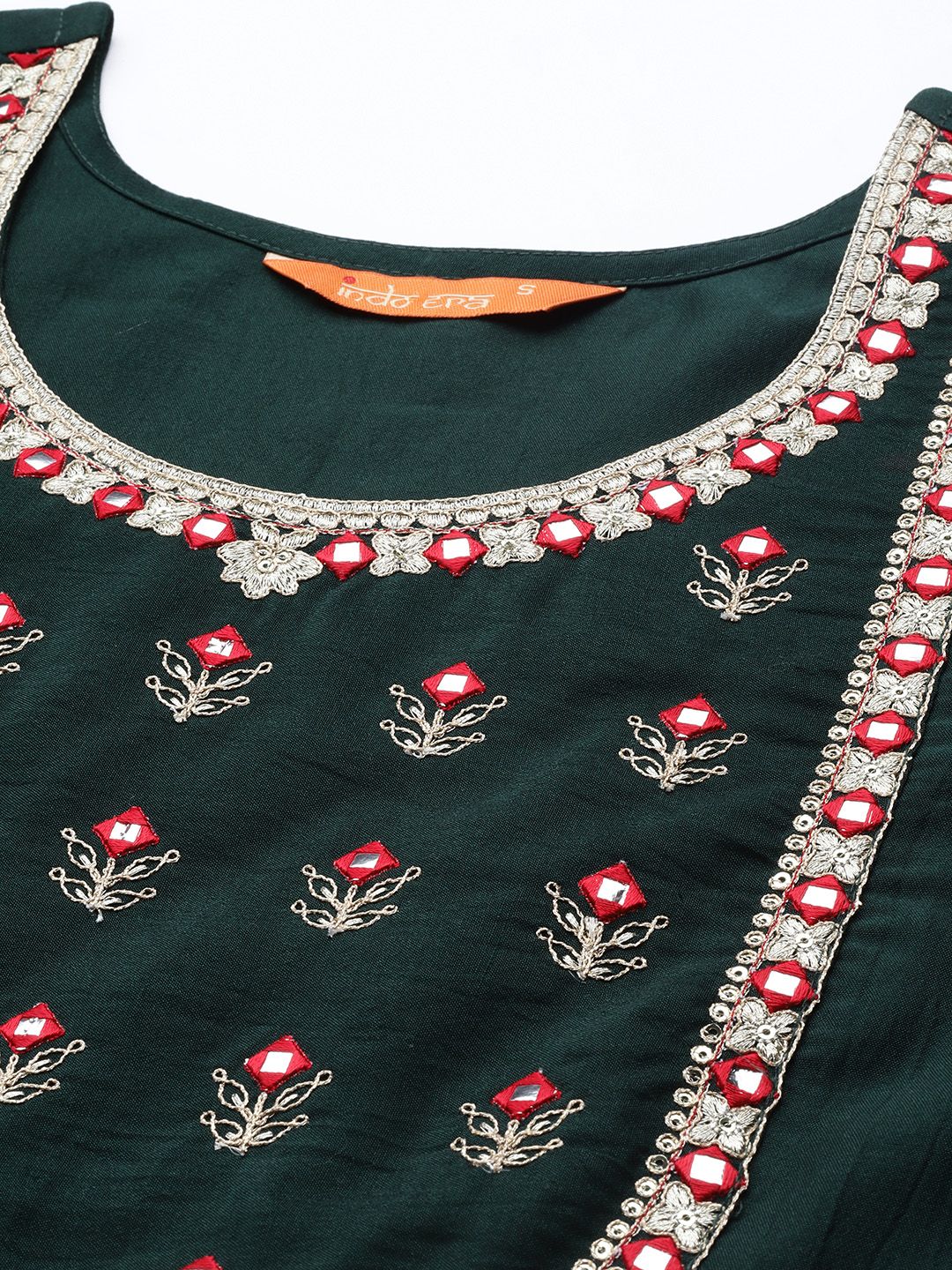 Indyancart IE Women Green Yoke Design Mirror Work Kurta with Palazzos & Dupatta