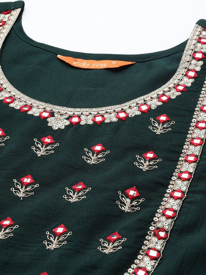 Indyancart IE Women Green Yoke Design Mirror Work Kurta with Palazzos & Dupatta