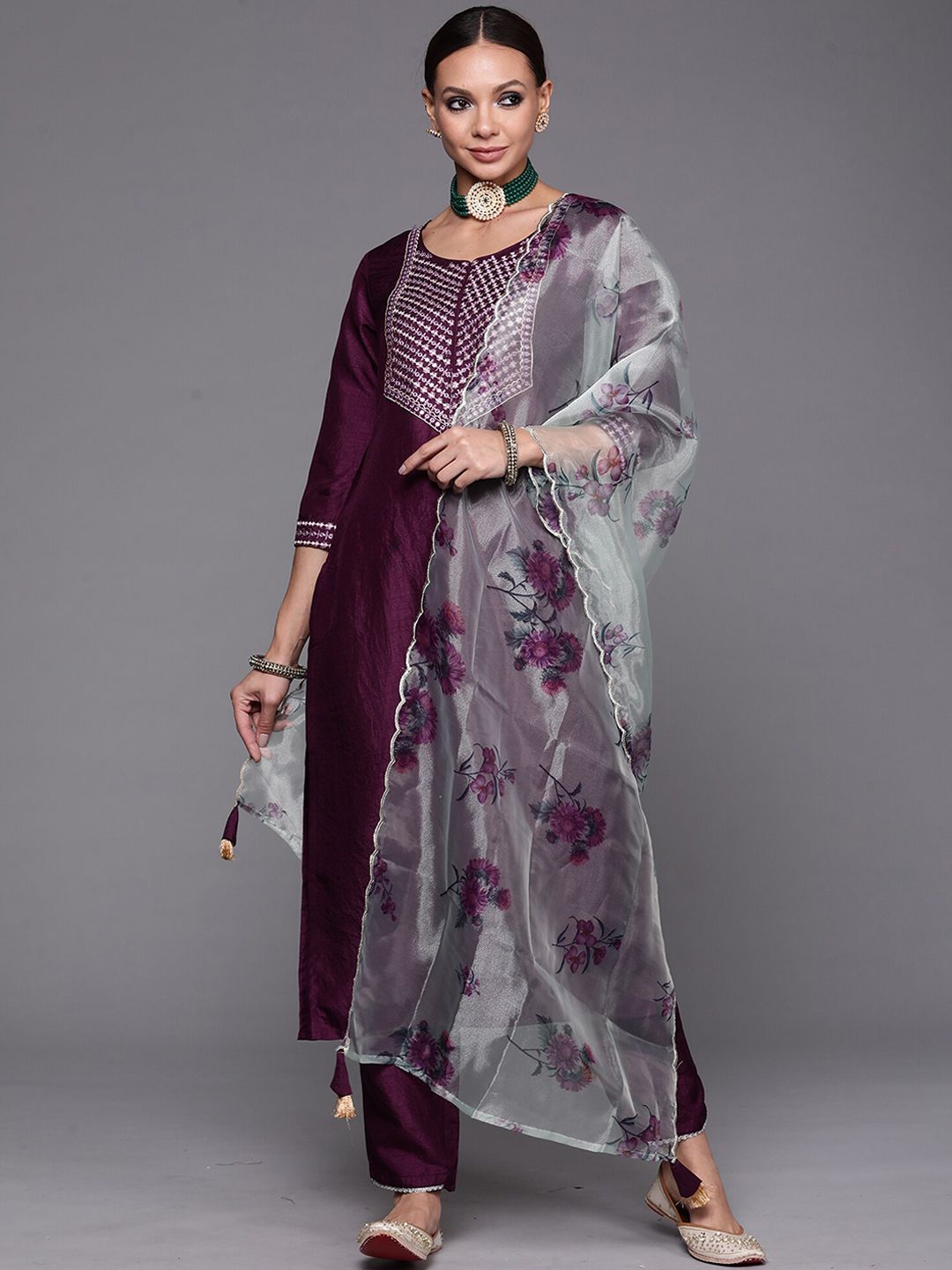 Floral Yoke Design Kurta With Trousers & Dupatta